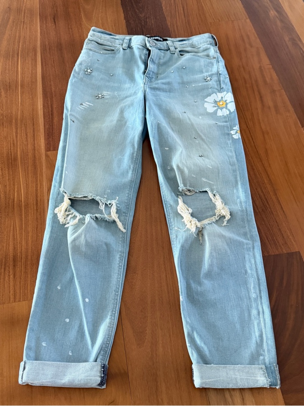 Express Light Blue rip Jeans with Subtle Stud and painted flower Details